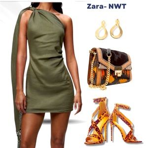 Zara Asymmetrical Green Linen Dress Sz Small